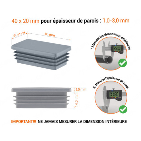 Bouchon plastique pour tube rectangulaire 20x40 mm Gris 10 pcs