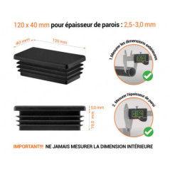 Embout noir pour tubes rectangulaires de 40x120 mm avec dimensions techniques et guide de mesure correcte du bouchon.