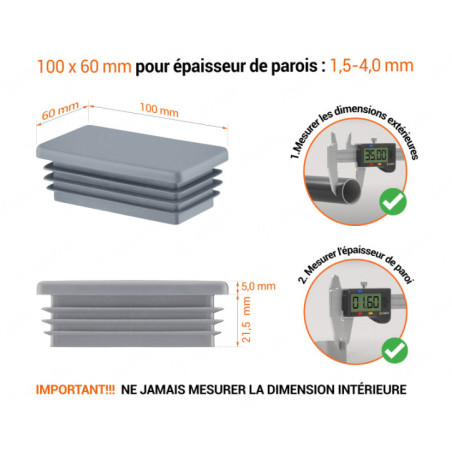 Bouchon plastique pour tube rectangulaire 60x100 mm Gris 10 pcs