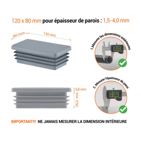 Bouchon plastique pour tube rectangulaire 80x120 mm Gris 10 pcs