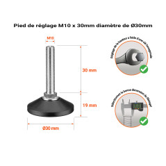 Pied réglable M10 à vis d'une hauteur de 30 mm et d'un diamètre de base de Ø30.