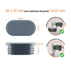  Schéma technique : bouchon ovale 38x20 mm avec épaisseur de paroi 1,5-2,0 mm et instructions de mesure avec pied à coulisse