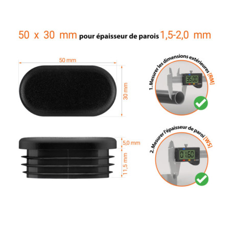  Schéma technique : bouchon ovale 50x30 mm avec épaisseur de paroi 1,5-2,0 mm et instructions de mesure avec pied à coulisse