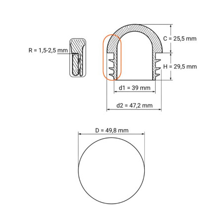 Embout demi-sphérique pour tube rond 49,8 bouchon hémisphérique tube rond 49,8 EMFA GmbH