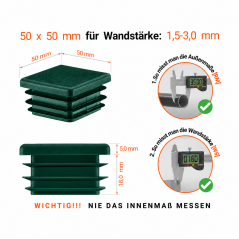 Bouchon plastique vert pour tube carré 40x40 mm. Bouchons à lamelles, capuchon carré, embout pour tube EMFA.