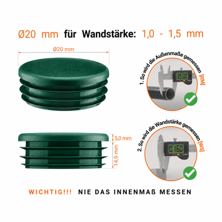 Bouchon plastique vert pour tube rond 20 mm. Bouchons à lamelles, capuchon rond, embout pour tube rond EMFA.