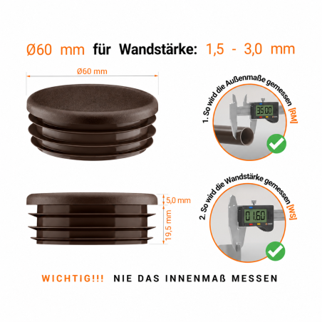 Bouchon plastique brun pour tube rond 60 mm. Bouchons à lamelles, capuchon rond, embout pour tube rond EMFA.