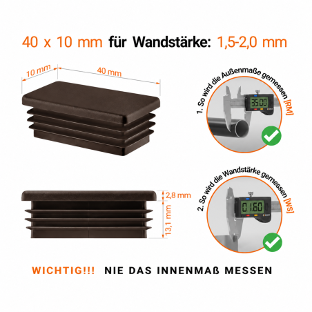 Endkappe für Rechteckrohr 10x40 mm Braun Abdeckkappe für Rechteckrohr 10x40 Kunststoff rechteckig 1x4 cm von EMFA®