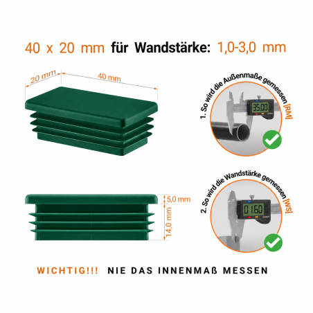 Bouchon plastique vert pour tube rectangulaire 20x40 mm. Bouchons à lamelles, capuchon rectangulaire, embout pour tube EMF