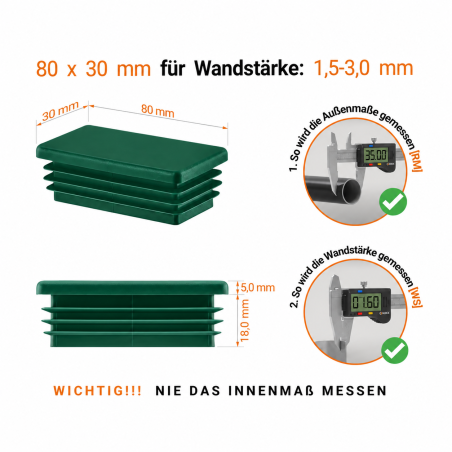 Bouchon plastique vert pour tube rectangulaire 30x80 mm. Bouchons à lamelles, capuchon rectangulaire, embout pour tube EMF