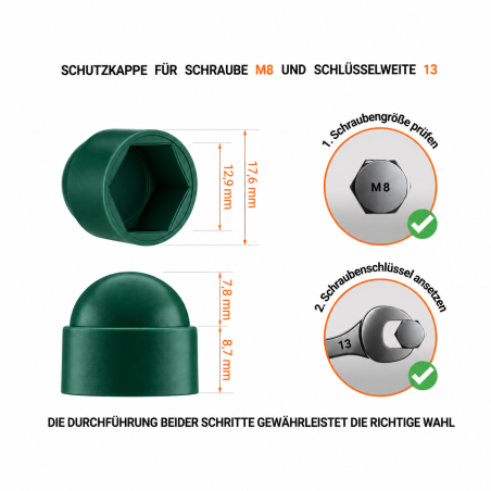 Cache-écrou M8 clé de 13 vert 10 ans de garantie!