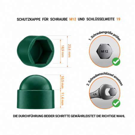 Cache-écrous M12 et clé de 19 en couleur vert Cache-écrou M12 clé de 19 vert 10 ans de garantie!