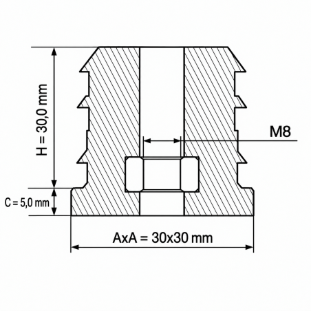Embout carré renforcé avec insert fileté métallique 30x30 mm M8 insert fileté carré 30x30 EMFA GmbH