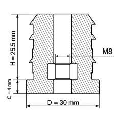 Embout rond pour tube avec insert fileté métallique 30 mm M8 Noir