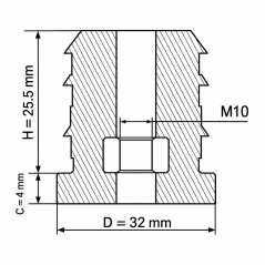 Embout rond pour tube avec insert fileté métallique 32 mm M10 Noir