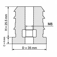 Embout rond pour tube avec insert fileté métallique 35 mm M8 Noir