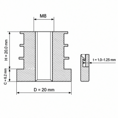 Insert fileté pour tubes ronds en PA 20 mm M8 Noir