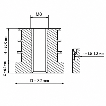 Insert fileté pour tubes ronds en PA 32 mm M8 insert taraudé pour tube rond 32 EMFA GmbH