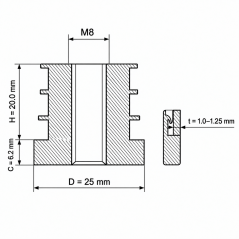 Insert fileté pour tubes ronds en PA 25 mm M8 Noir