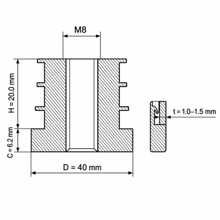 Insert fileté pour tubes ronds en PA 40 mm M8 insert taraudé pour tube rond 40 EMFA GmbH