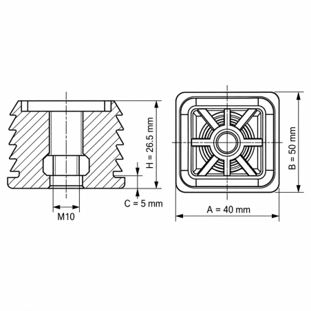 Embout rectangulaire avec insert fileté métallique 40x50 mm M10 embout fileté rectangulaire 40x50 EMFA GmbH