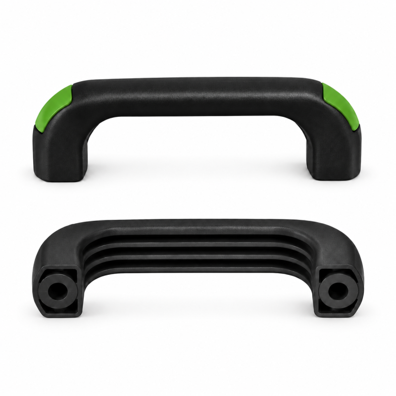 Poignée étrier avec trous traversants et capuchons affleurants 120 mm - d 6,5 mm - poignée noire - capuchons Vert clair