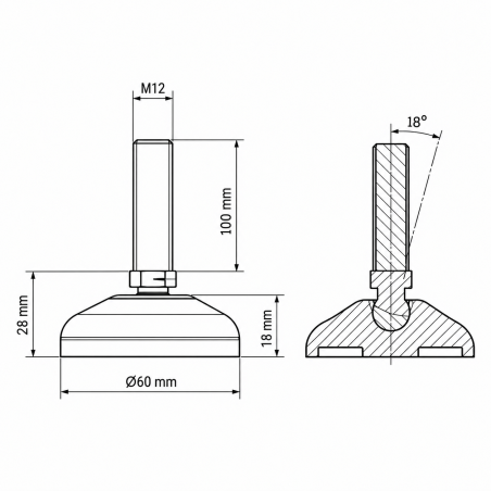 Pied de mise à niveau articulé renforcé Ø60 M12x100 vérin EMFA GmbH