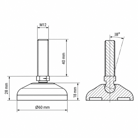 Pied de mise à niveau articulé renforcé Ø60 M12x40 vérin EMFA GmbH