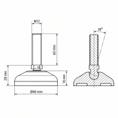 Pied de mise à niveau articulé renforcé Ø60 M12x60 vérin EMFA GmbH