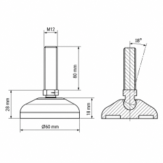Pied de mise à niveau articulé renforcé Ø60 M12x80 vérin EMFA GmbH
