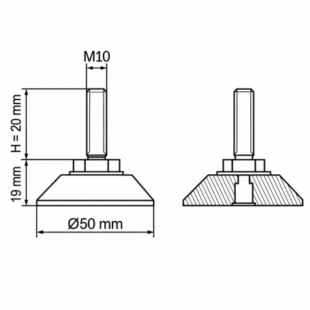 Pied de mise à niveau articulé chromé Ø50 M10x20 Effet chrome Pied de mise à niveau articulé chromé Ø50 M10x20 vérin EMFA GmbH
