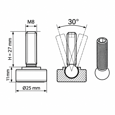 Pied réglable articulé Ø25 M8x27 vérin de meuble EMFA GmbH