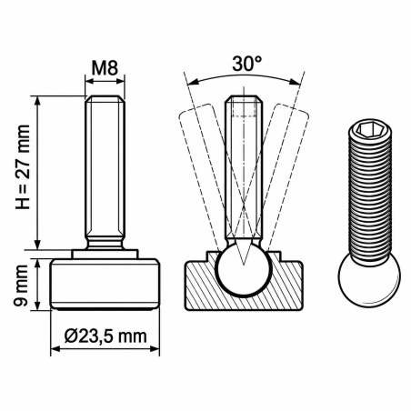 Pied réglable articulé Ø23,5 M8x27 vérin de meuble EMFA GmbH