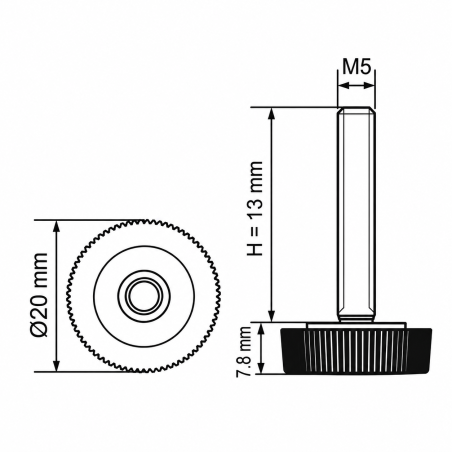 Pied réglable moleté Ø20 M5x13 - FI20 vérin de meuble EMFA GmbH