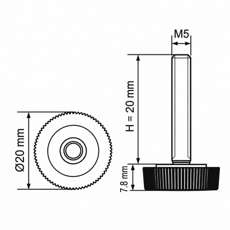 Pied réglable moleté Ø20 M5x20 - FI20 vérin de meuble EMFA GmbH