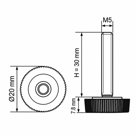 Pied réglable moleté Ø20 M5x30 - FI20 vérin de meuble EMFA GmbH