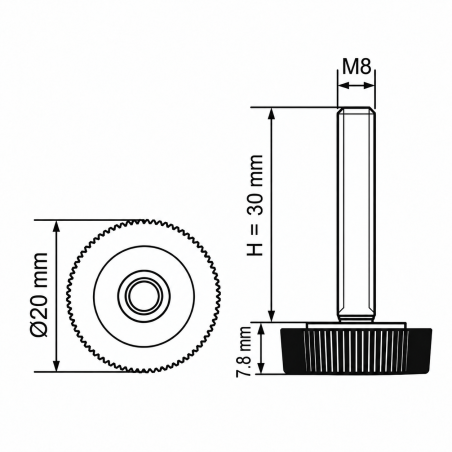 Pied réglable moleté Ø20 M8x30 - FI20 vérin de meuble EMFA GmbH