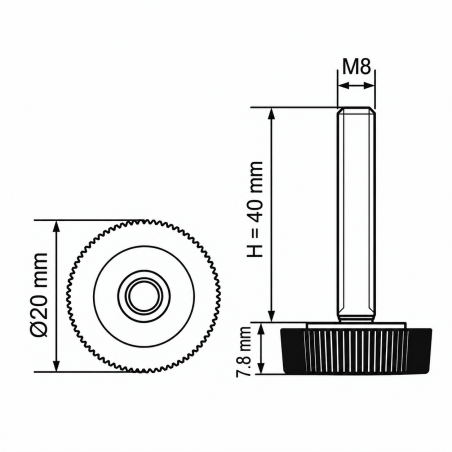 Pied réglable moleté Ø20 M8x40 - FI20 vérin de meuble EMFA GmbH