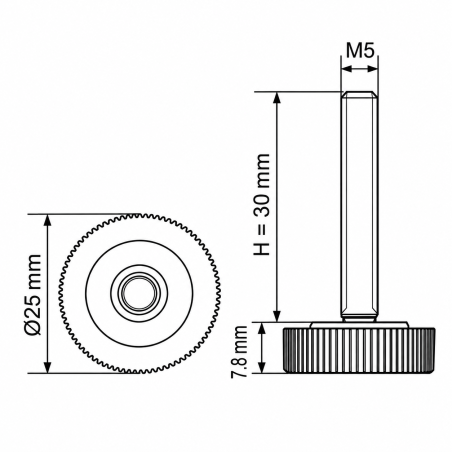 Pied réglable moleté Ø25 M5x30 - FI25 vérin de meuble EMFA GmbH