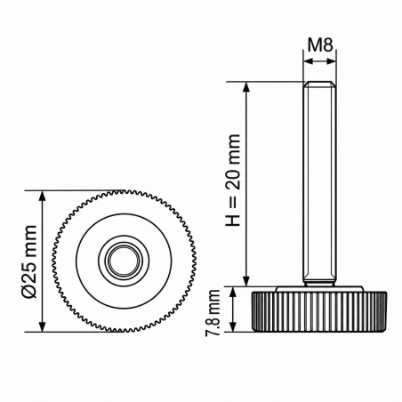 Pied réglable moleté Ø25 M8x20 - FI25 vérin de meuble EMFA GmbH
