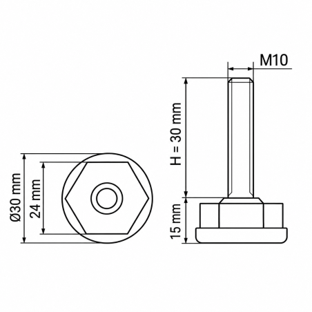 Pied réglable Ø30 à six pans M10x30 vérin de meuble EMFA GmbH