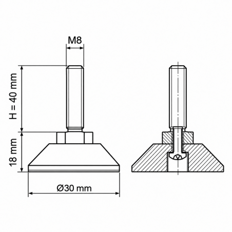 Pied réglable articulé vissé M8x40 - FI30 vérin EMFA GmbH