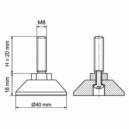 Pied réglable articulé vissé M8x20 - FI40 vérin EMFA GmbH