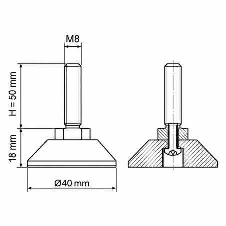 Pied réglable articulé vissé M8x50 - FI40 vérin EMFA GmbH