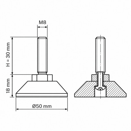 Pied réglable articulé vissé M8x30 - FI50 vérin EMFA GmbH
