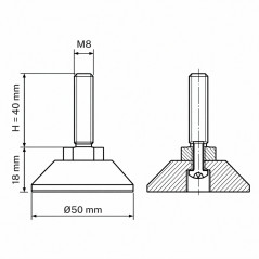 Pied réglable articulé vissé M8x40 - FI50 Noir
