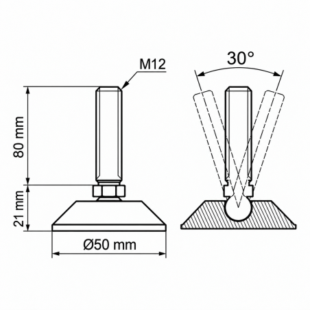 Pied de mise à niveau articulé Ø50 M12x80 - FI50 vérin EMFA GmbH
